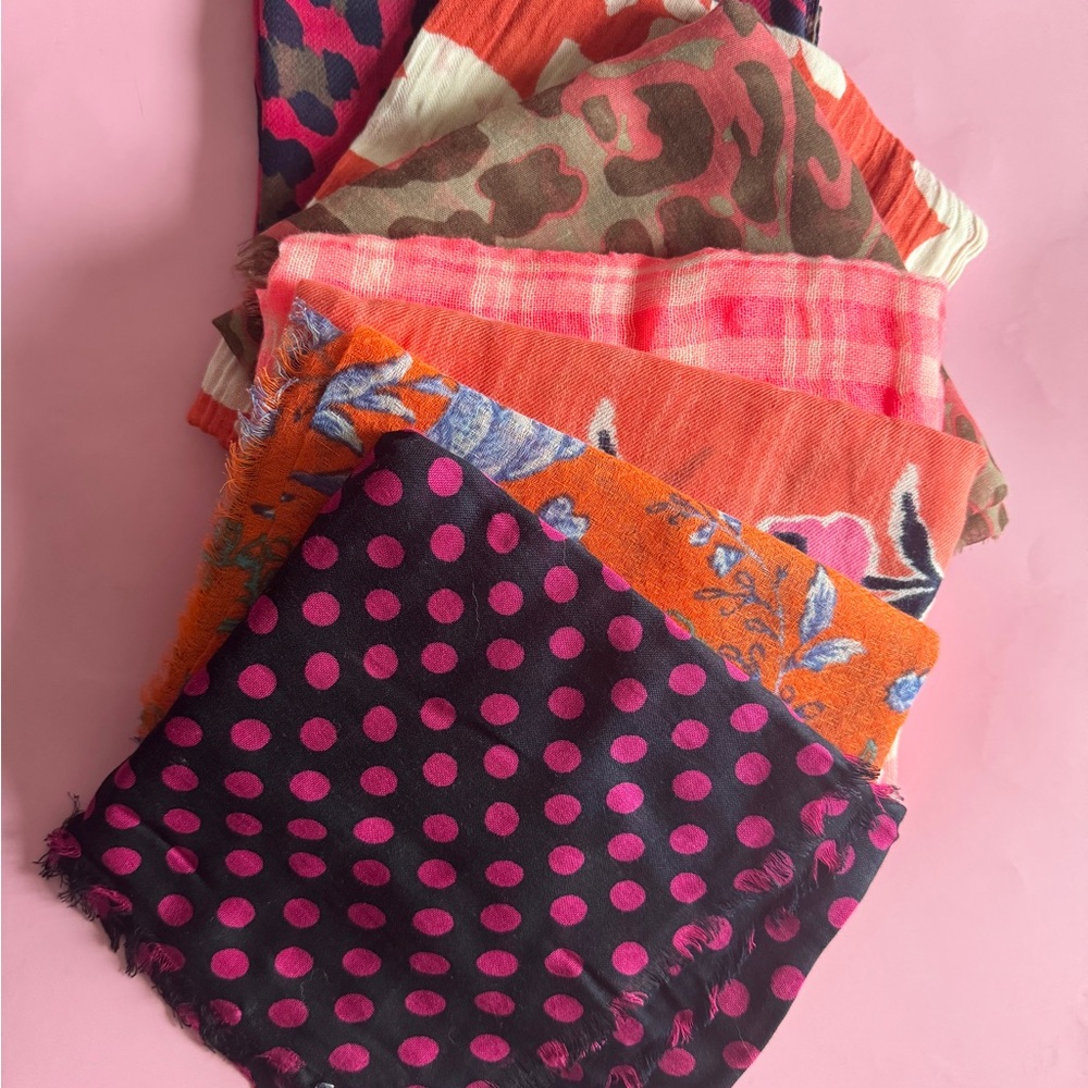 Pile of 7 Women’s Multi-Pattern Lightweight Scarfs - Pink, Orange, Brown